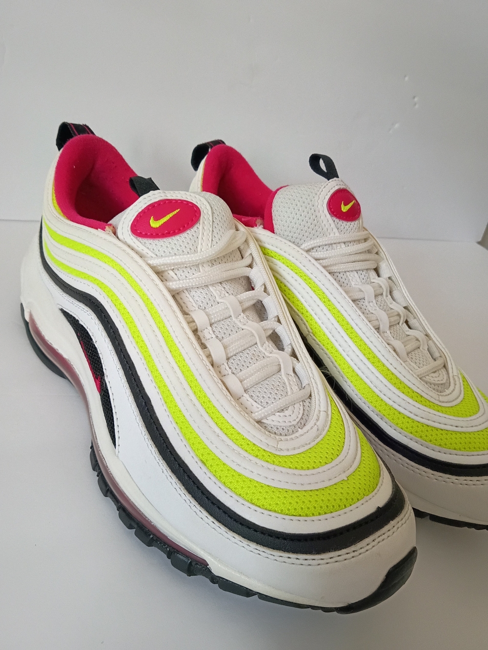 Nike Air Max 97 Volt Sneakers - White / Neon Yellow / Pink   7y = Womens 8.5